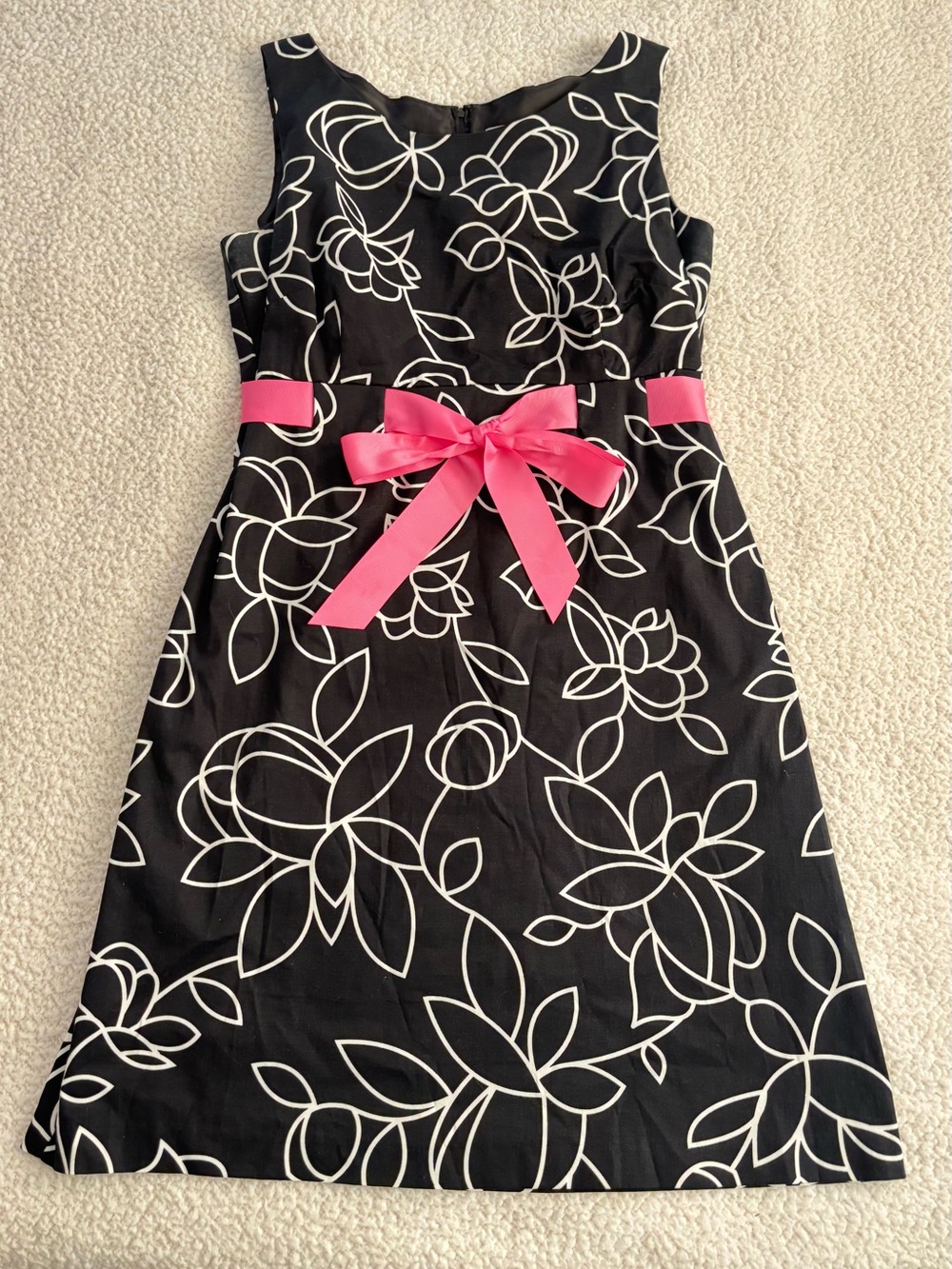 Woman Black & White Floral Dress with Pink Sash